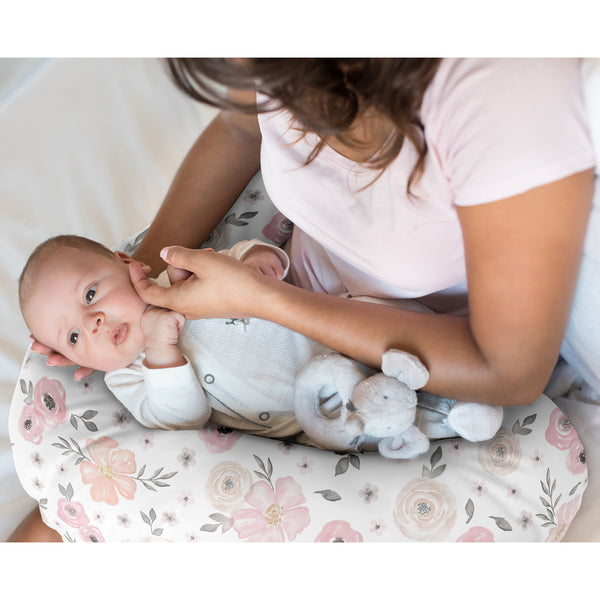 Watercolor Floral Pink and Grey Collection Nursing Breastfeeding Pillow Cover alternate view