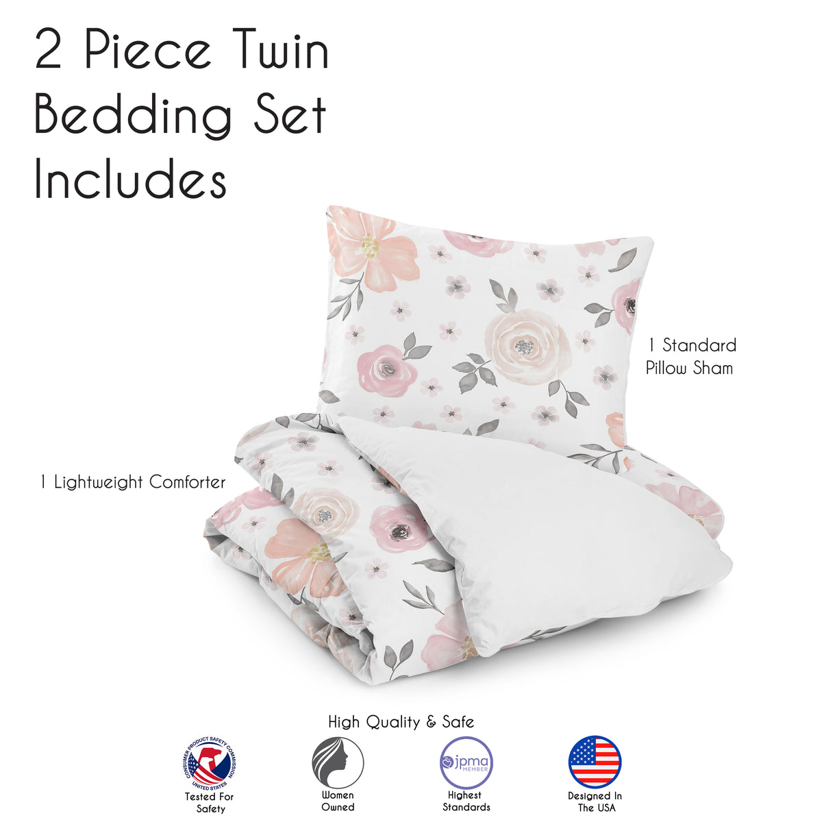 Watercolor Floral Pink and Grey Twin Bedding Collection