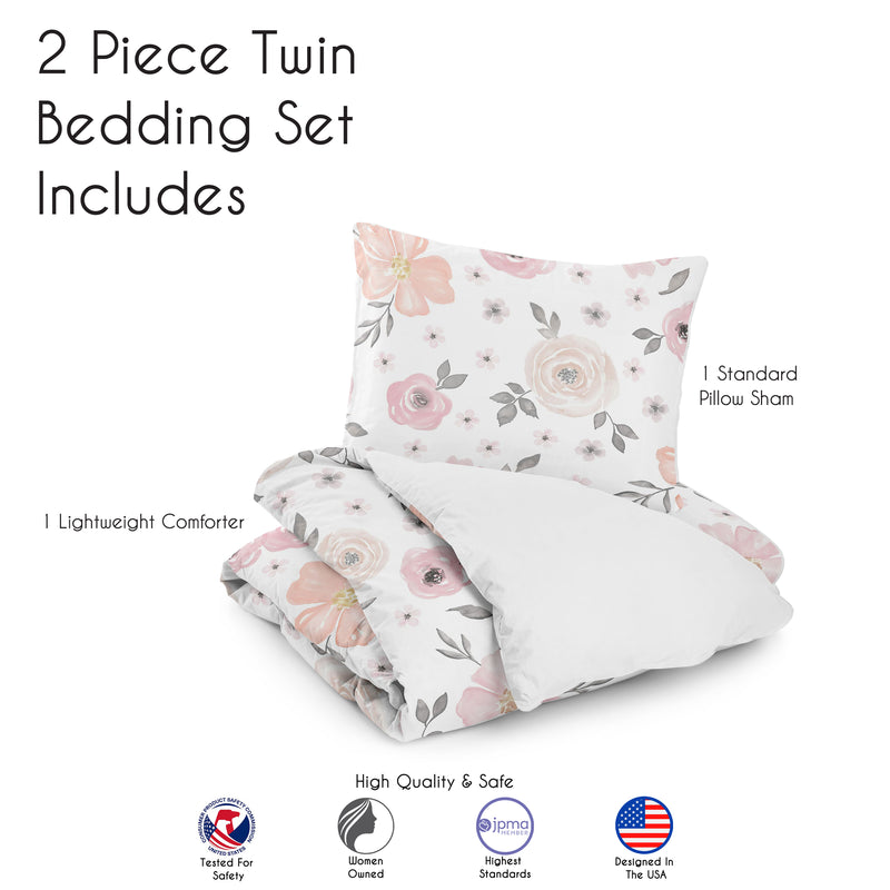 Watercolor Floral Pink and Grey Twin Bedding Collection