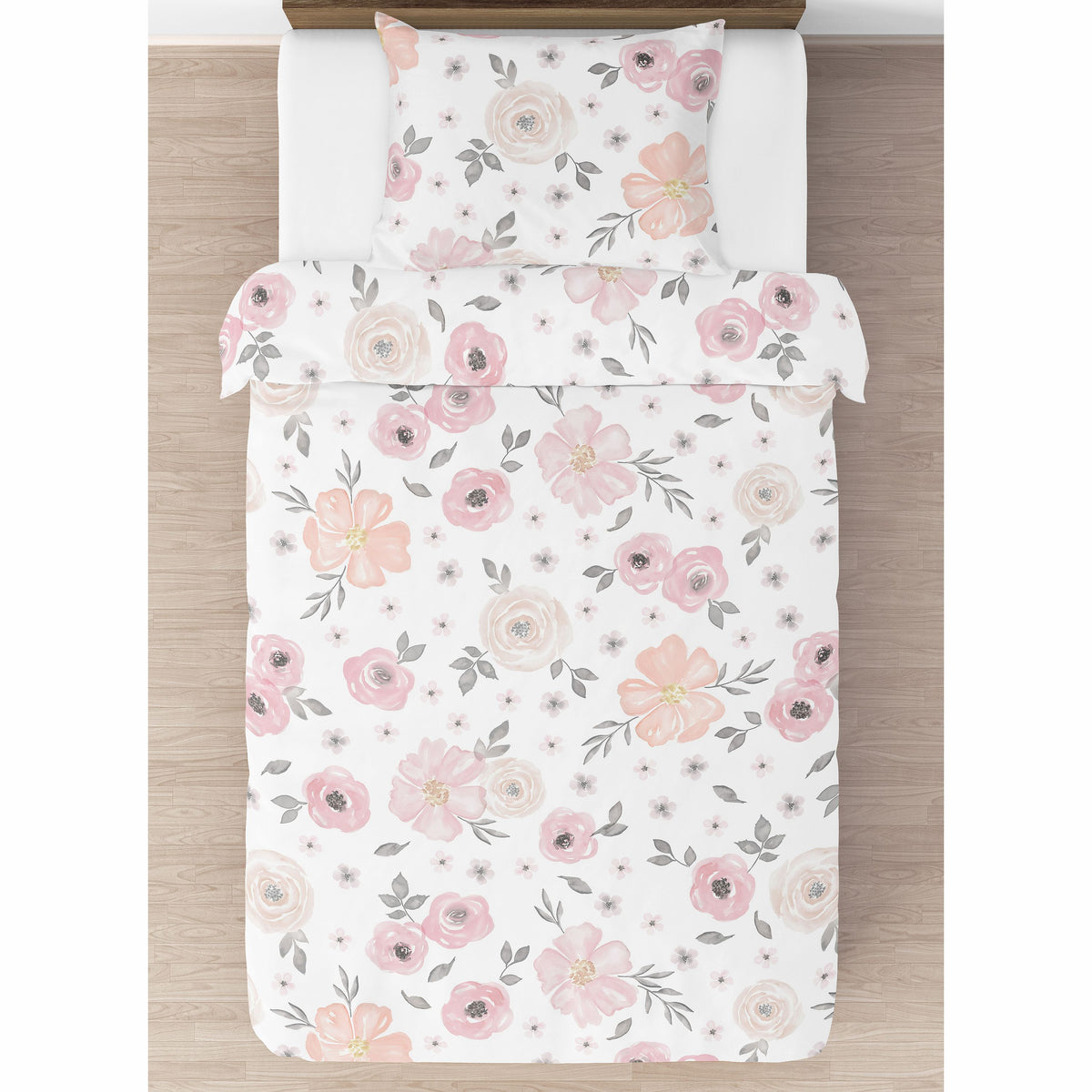 Watercolor Floral Pink and Grey Twin Bedding Collection