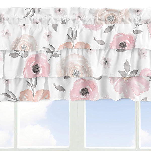 Watercolor Floral Pink and Grey Collection Tiered Window Valance