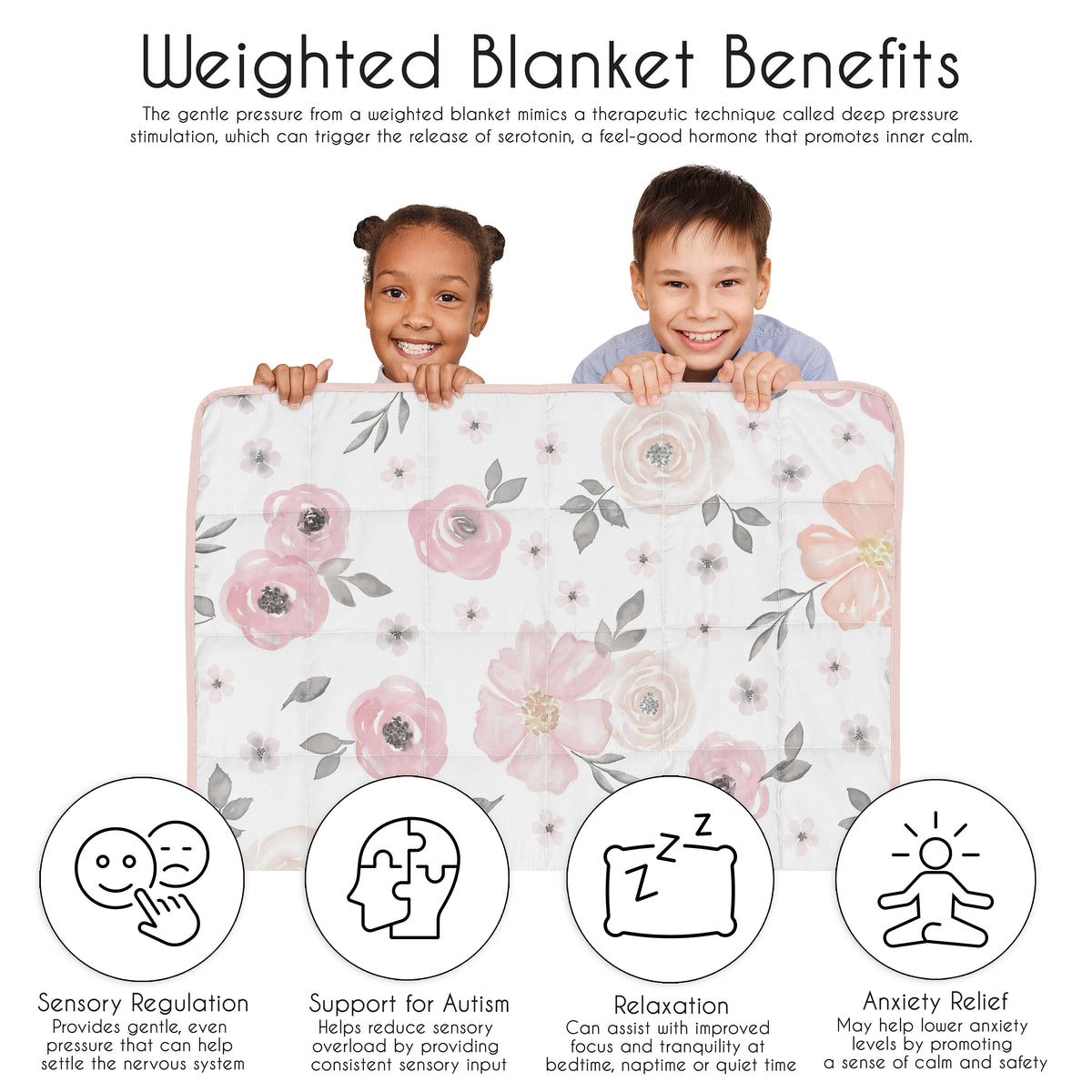 Watercolor Floral Pink and Grey Collection Toddler 5lbs Weighted Blanket for Kids