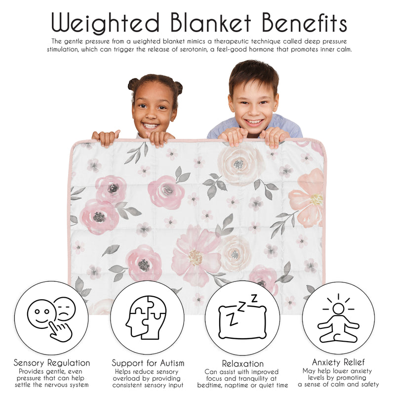 Watercolor Floral Pink and Grey Collection Toddler 5lbs Weighted Blanket for Kids