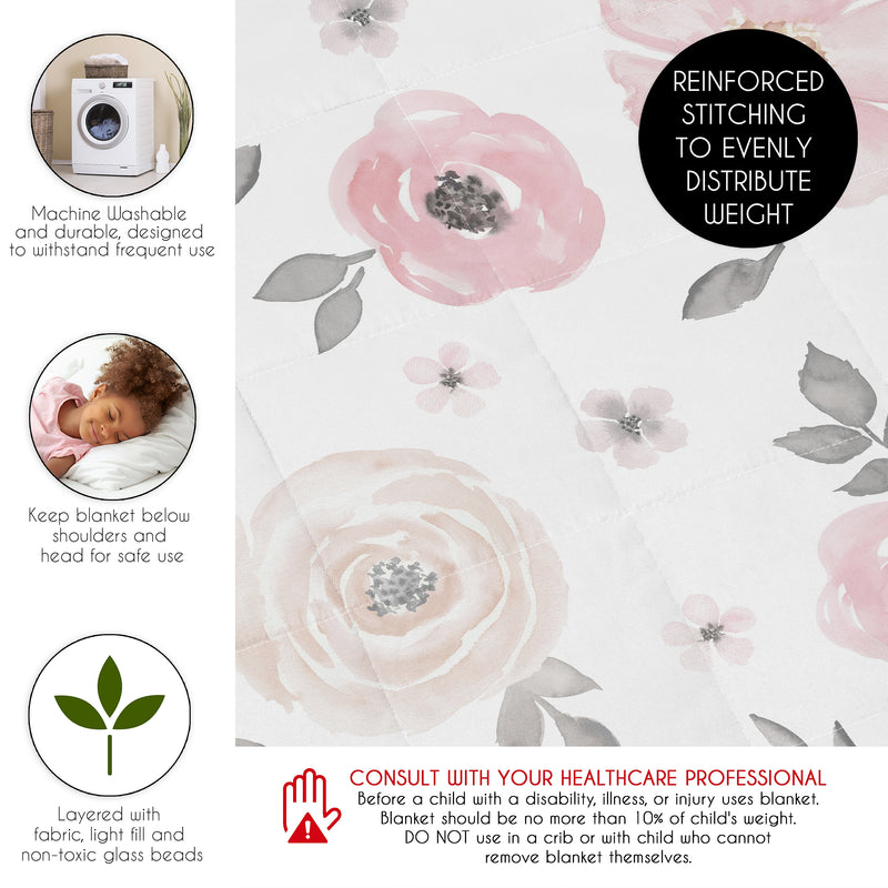 Watercolor Floral Pink and Grey Collection Toddler 5lbs Weighted Blanket for Kids