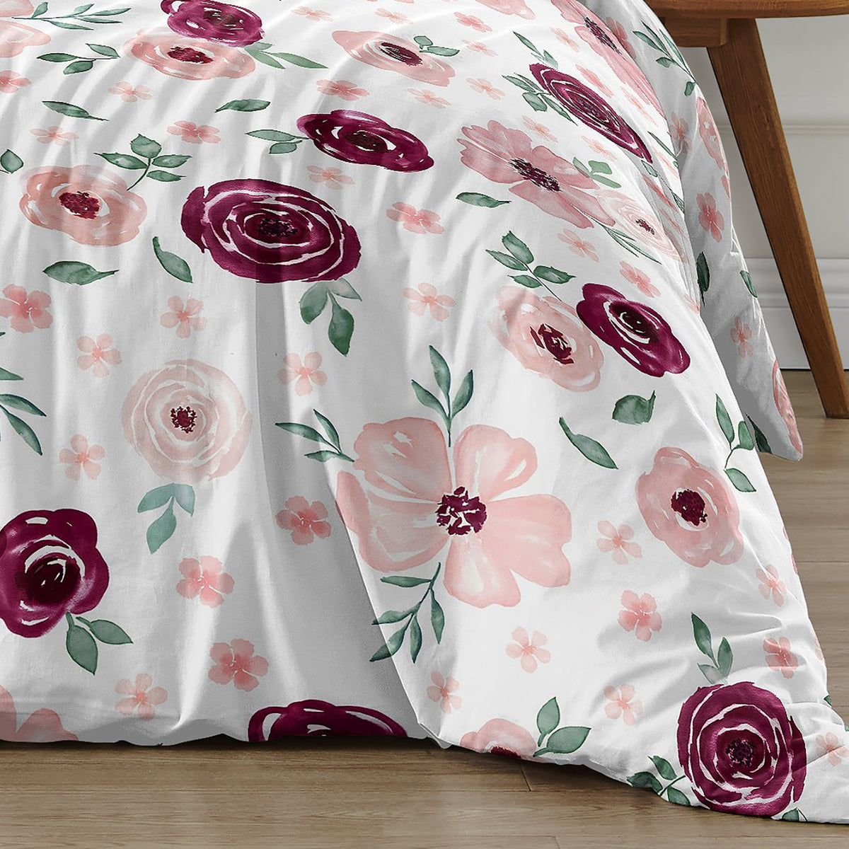 Watercolor Floral Burgundy Wine and Pink Collection Twin Bedding