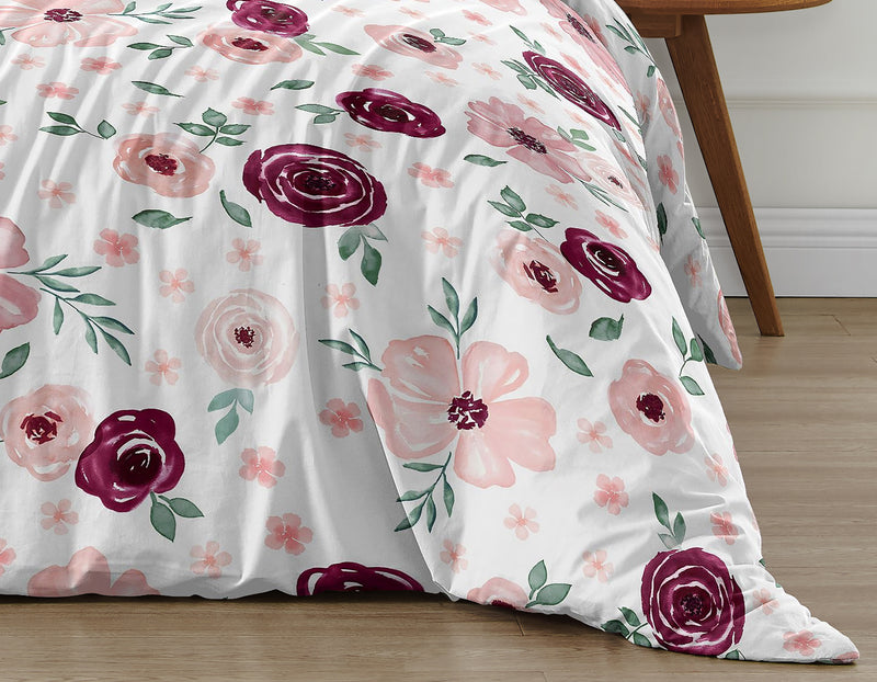 Watercolor Floral Burgundy Wine and Pink Collection Twin Bedding
