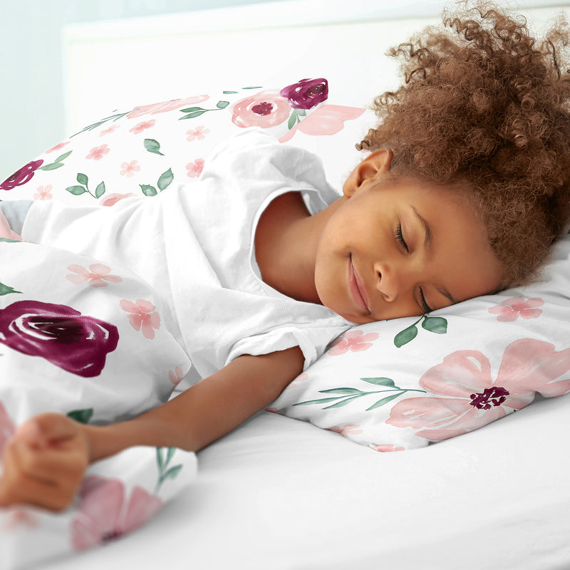 Watercolor Floral Burgundy Wine and Pink Collection Twin Bedding