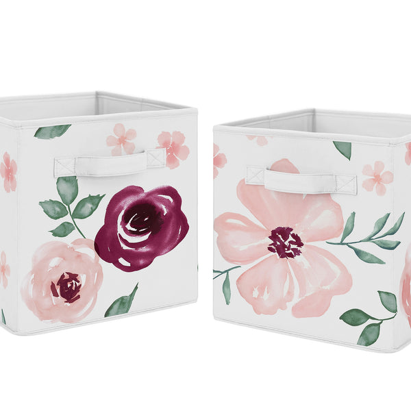 Watercolor Floral Burgundy Wine and Pink Collection Foldable Fabric Storage Bins