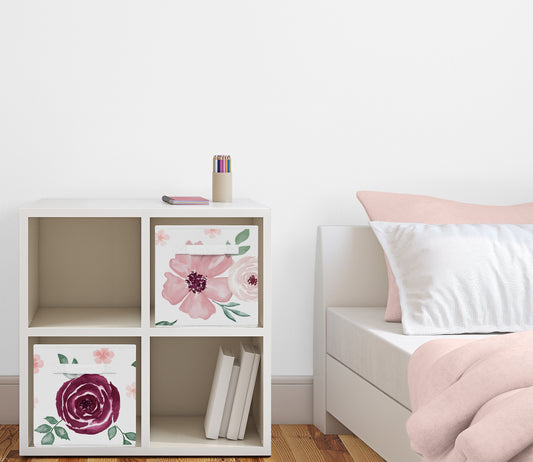 Watercolor Floral Burgundy Wine and Pink Collection Foldable Fabric Storage Bins