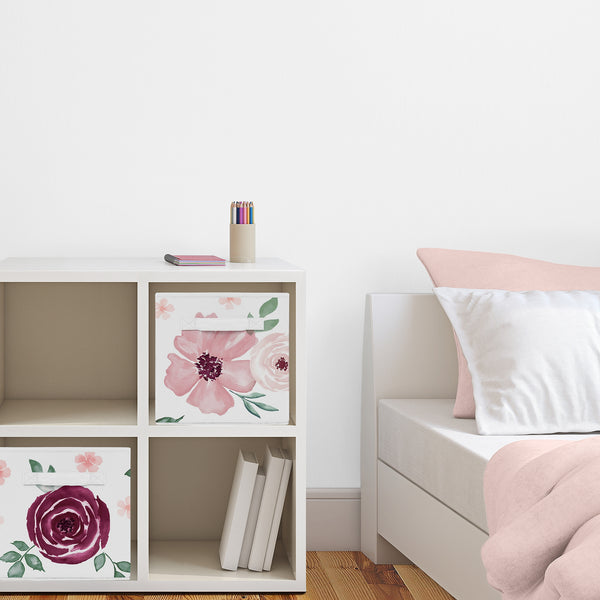Watercolor Floral Burgundy Wine and Pink Collection Foldable Fabric Storage Bins alternate view