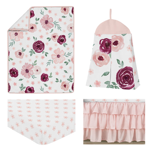 Watercolor Floral Burgundy Wine and Pink Collection 4 Piece Crib Bedding