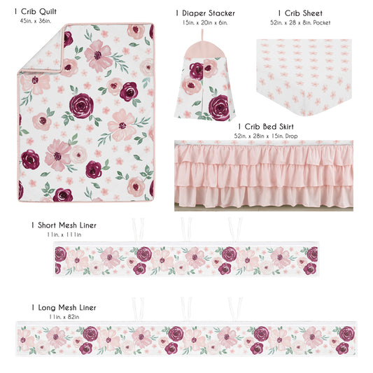 Watercolor Floral Burgundy Wine and Pink Collection Sweet Jojo Designs 6 Piece Crib Bedding + BreathableBaby Breathable Mesh Liner