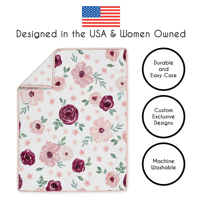 Watercolor Floral Burgundy Wine and Pink Collection Sweet Jojo Designs 6 Piece Crib Bedding + BreathableBaby Breathable Mesh Liner