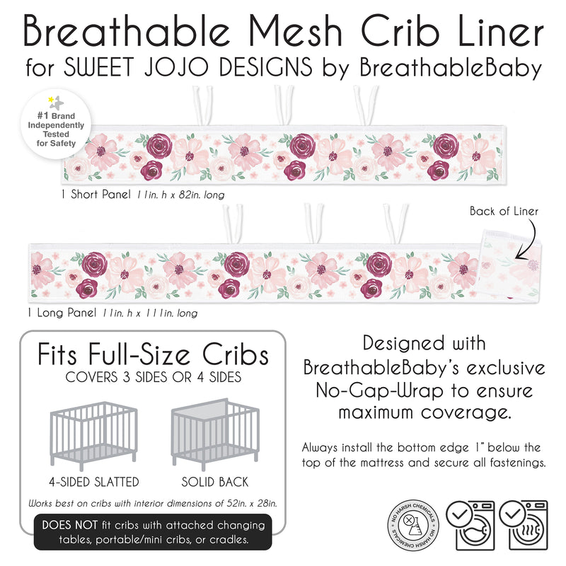 Watercolor Floral Burgundy Wine and Pink Collection Sweet Jojo Designs + BreathableBaby Breathable Mesh Crib Liner