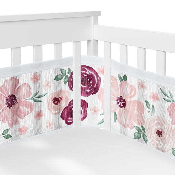 Watercolor Floral Burgundy Wine and Pink Collection Sweet Jojo Designs + BreathableBaby Breathable Mesh Crib Liner