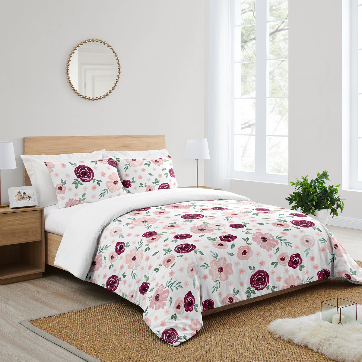 Watercolor Floral Burgundy Wine and Pink Collection Full/Queen Bedding