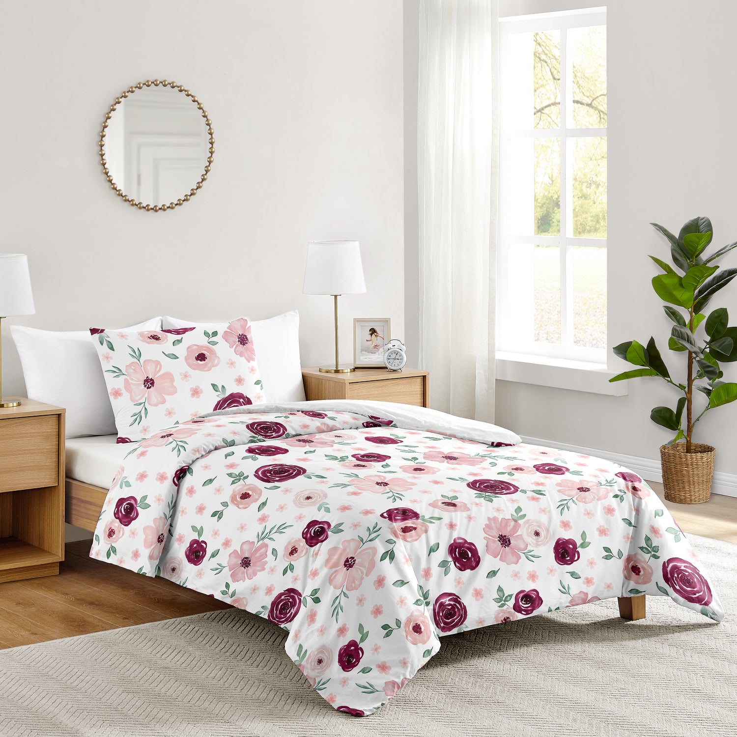 Watercolor Floral Burgundy Wine and Pink Collection Twin Bedding