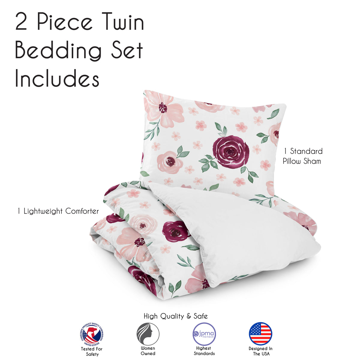 Watercolor Floral Burgundy Wine and Pink Collection Twin Bedding