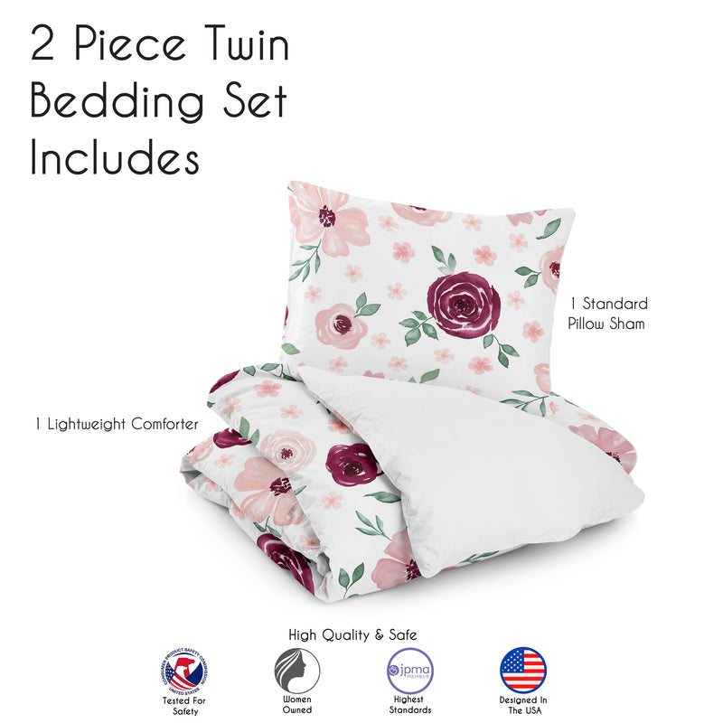 Watercolor Floral Burgundy Wine and Pink Collection Twin Bedding