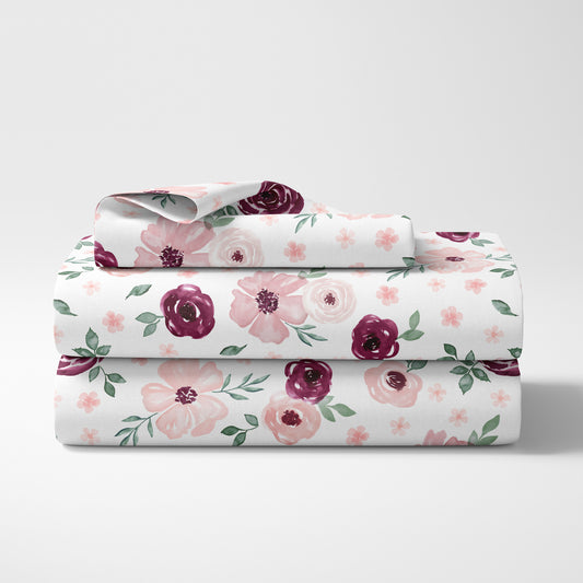 Watercolor Floral Burgundy Wine and Pink Collection Twin Sheet Set