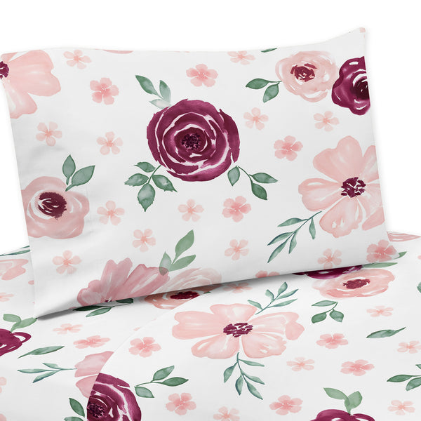 Watercolor Floral Burgundy Wine and Pink Collection Twin Sheet Set
