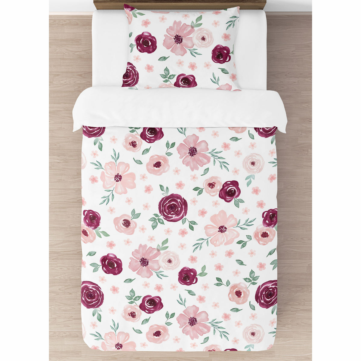 Watercolor Floral Burgundy Wine and Pink Collection Twin Bedding