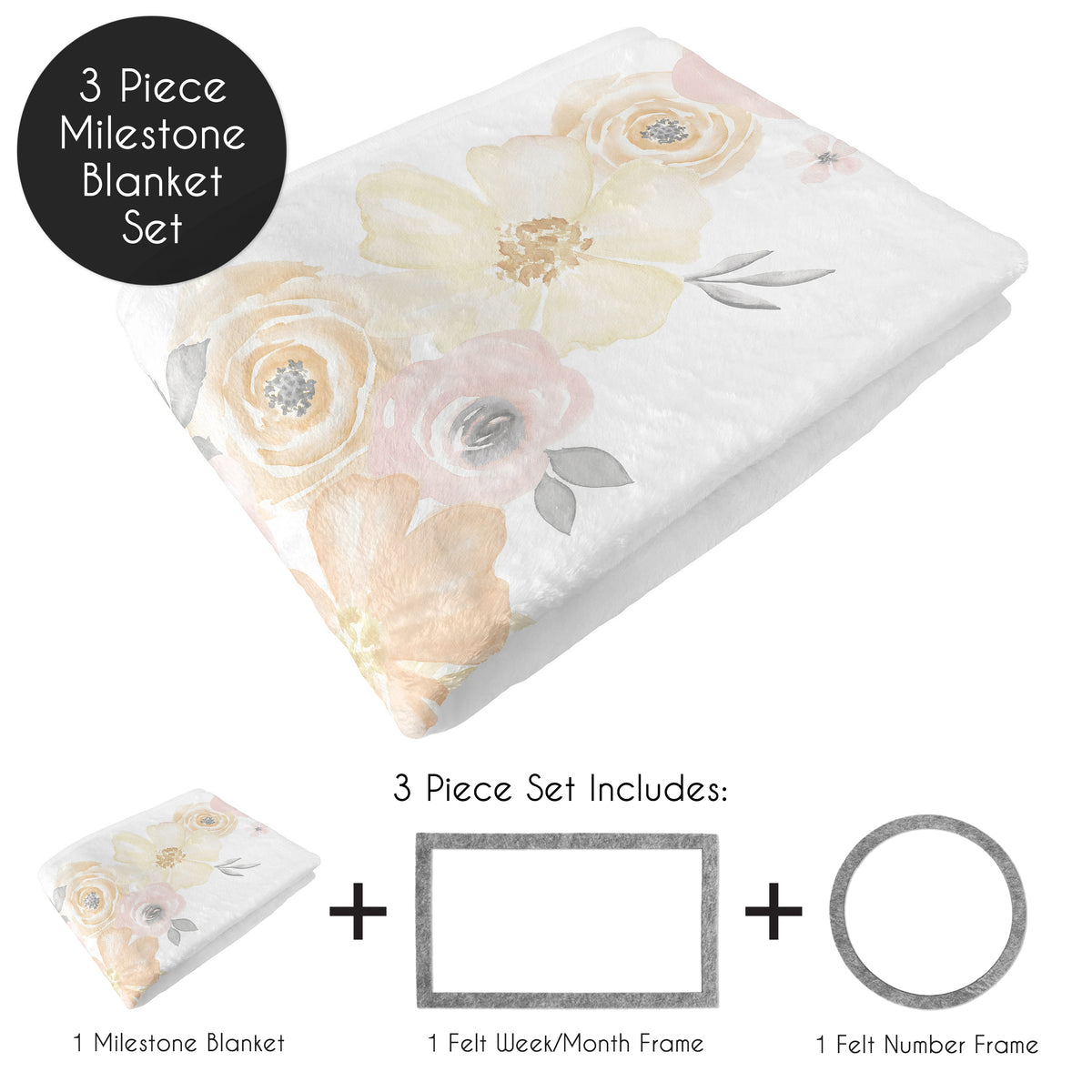 Watercolor Floral Yellow And Pink Collection Monthly Milestone Baby Blanket