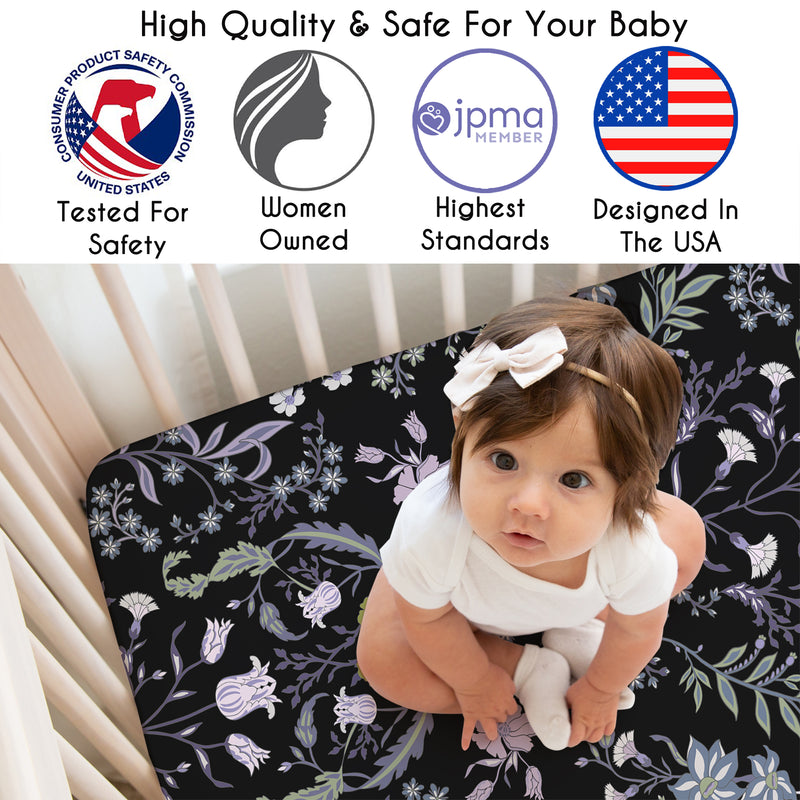Boho Floral Wildflower Black and Purple Collection Crib Sheet