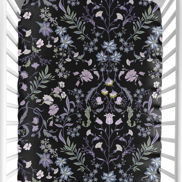 Boho Floral Wildflower Black and Purple Collection Crib Sheet