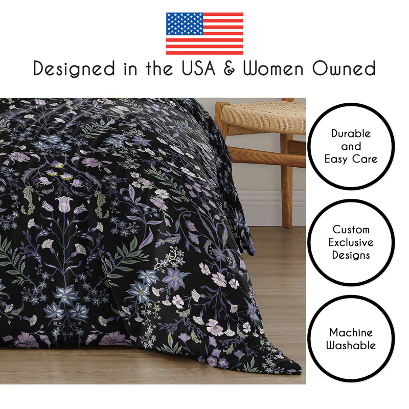 Boho Floral Wildflower Black and Purple Collection Queen Duvet Cover Bedding Set