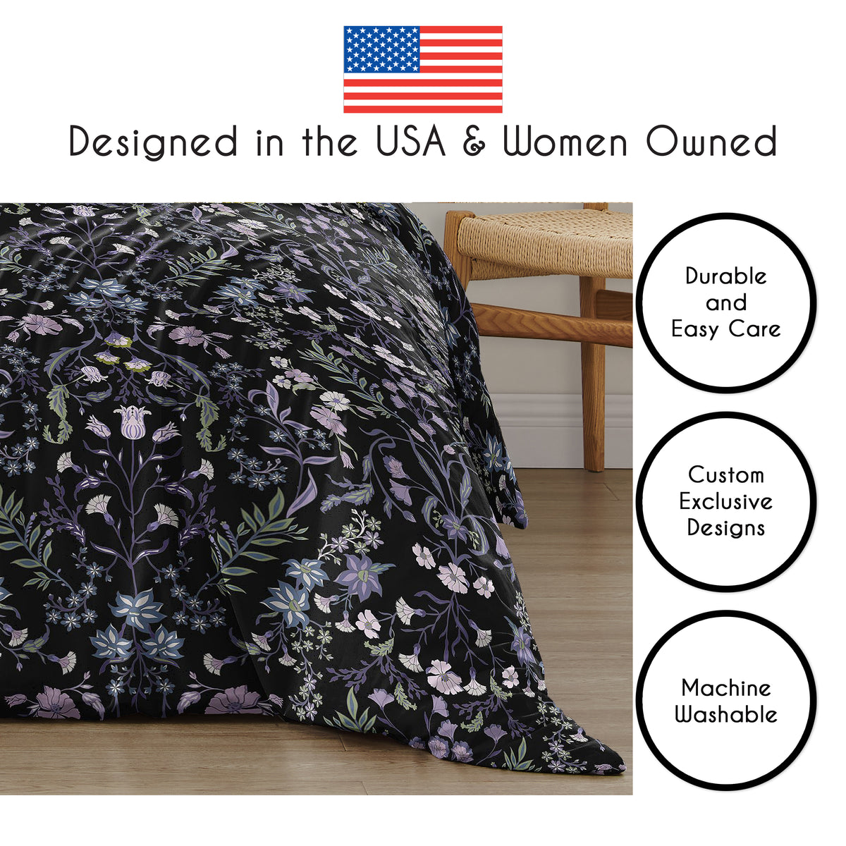 Boho Floral Wildflower Black and Purple Collection King Duvet Cover Bedding Set