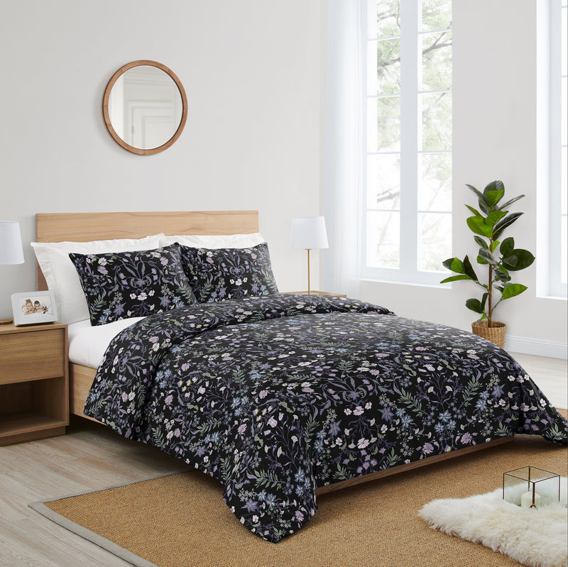 Boho Floral Wildflower Black and Purple Collection King Duvet Cover Bedding Set