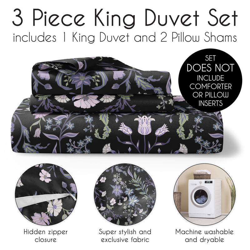 Boho Floral Wildflower Black and Purple Collection King Duvet Cover Bedding Set