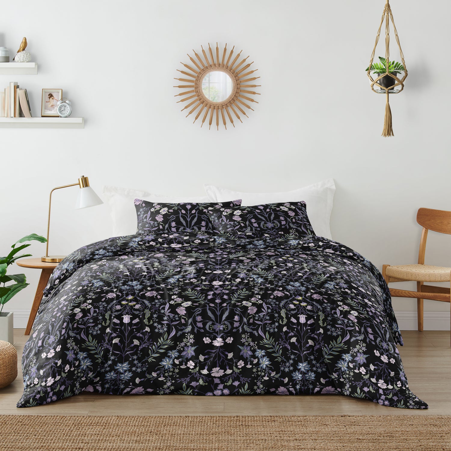Boho Floral Wildflower Black and Purple Collection King Duvet Cover Bedding Set