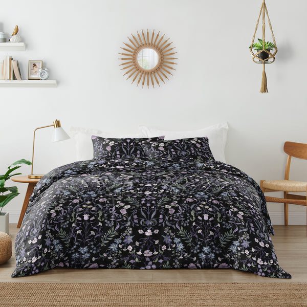 Boho Floral Wildflower Black and Purple Collection King Duvet Cover Bedding Set