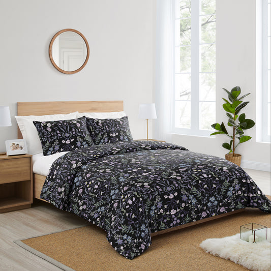 Boho Floral Wildflower Black and Purple Collection Queen Duvet Cover Bedding Set