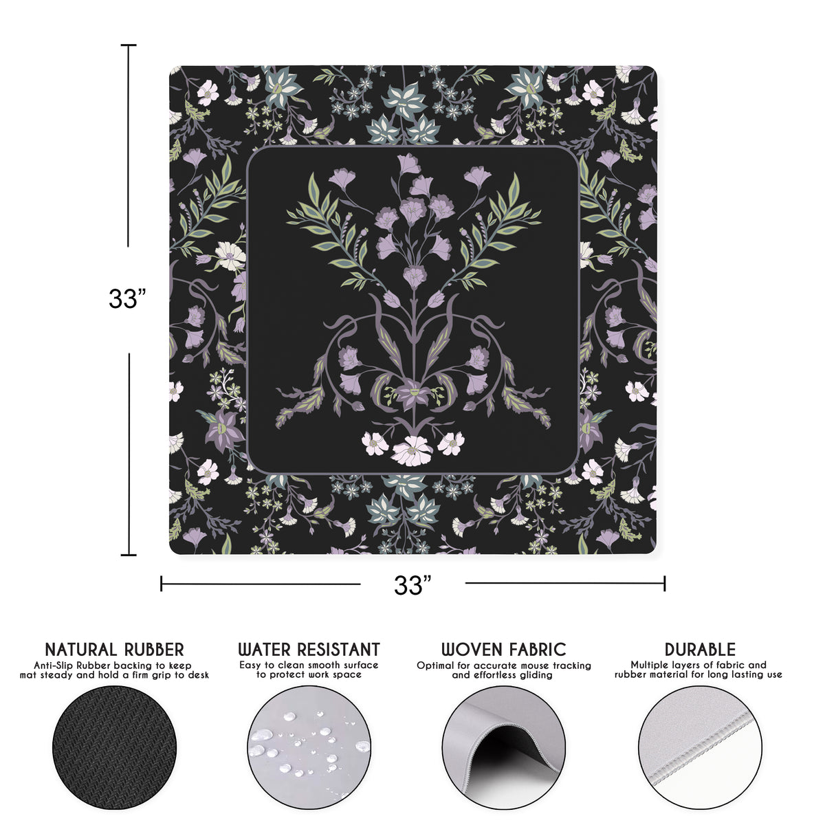 Boho Floral Wildflower Black and Purple Collection Mahjong Mat for Table - Shipped Rolled