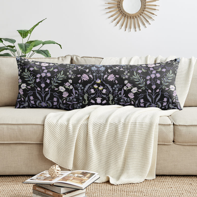 Boho Floral Wildflower Black and Purple Collection Body Pillow Cover Case