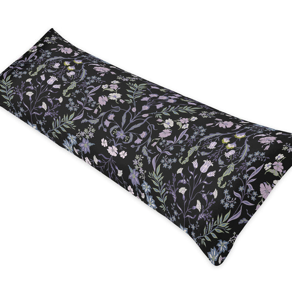 Boho Floral Wildflower Black and Purple Collection Body Pillow Cover Case