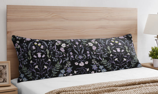 Boho Floral Wildflower Black and Purple Collection Body Pillow Cover Case