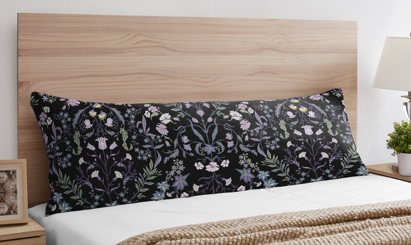 Boho Floral Wildflower Black and Purple Collection Body Pillow Cover Case
