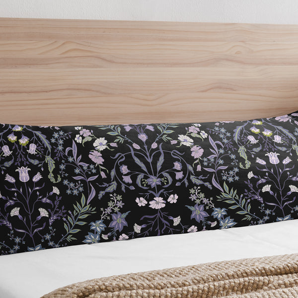 Boho Floral Wildflower Black and Purple Collection Body Pillow Cover Case alternate view