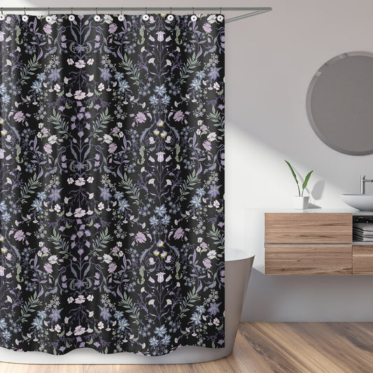 Boho Floral Wildflower Black and Purple Collection Shower Curtain
