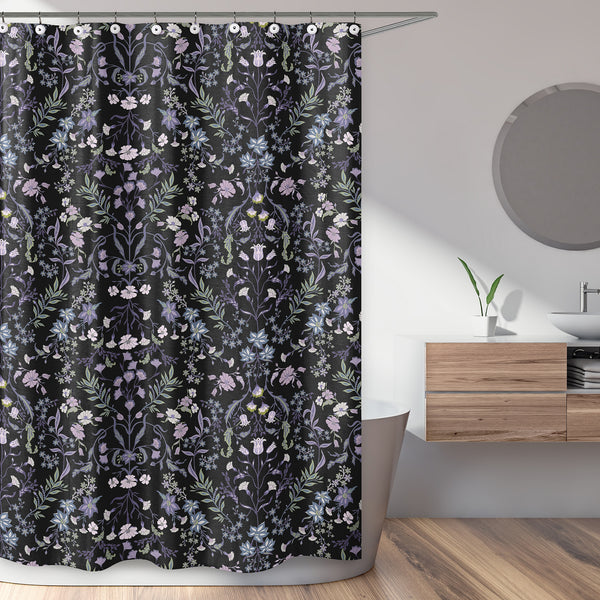 Boho Floral Wildflower Black and Purple Collection Shower Curtain alternate view