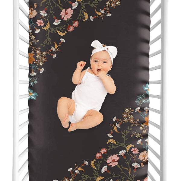 Boho Floral Wildflower Black and Orange Collection Photo Op Crib Sheet