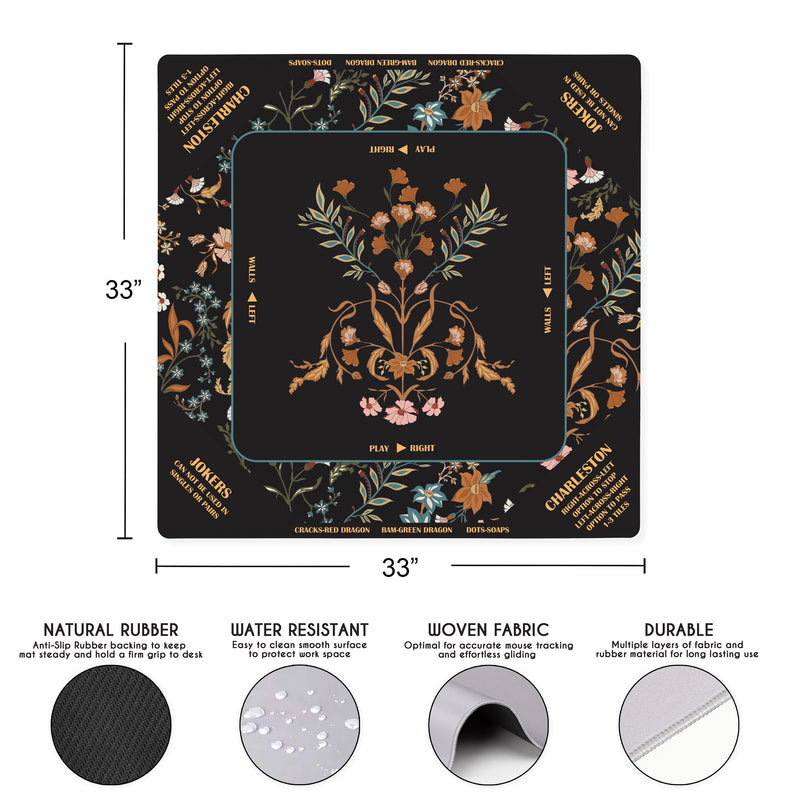 Boho Floral Wildflower Black and Orange Collection Mahjong Mat for Table with Rules - Shipped Rolled
