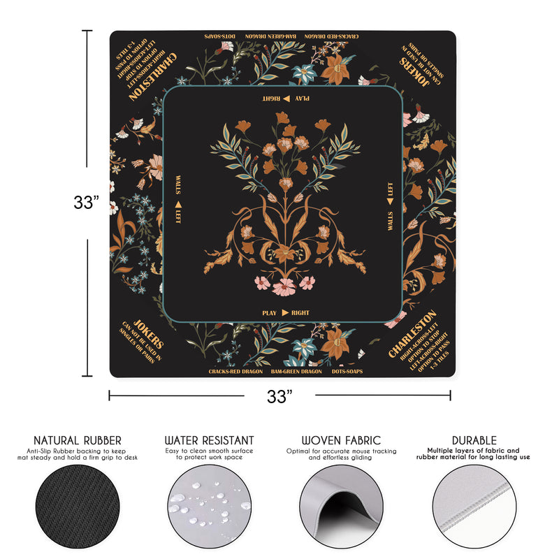 Boho Floral Wildflower Black and Orange Collection Mahjong Mat for Table with Rules - Shipped Rolled
