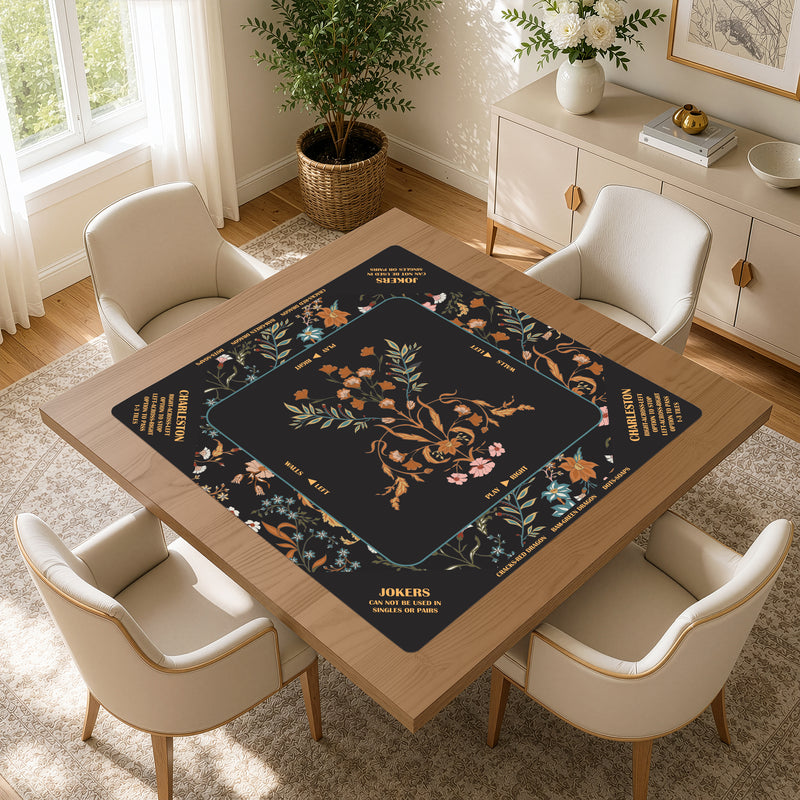 Boho Floral Wildflower Black and Orange Collection Mahjong Mat for Table with Rules - Shipped Rolled