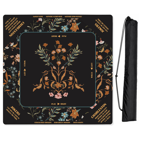 Boho Floral Wildflower Black and Orange Collection Mahjong Mat for Table with Rules - Shipped Rolled