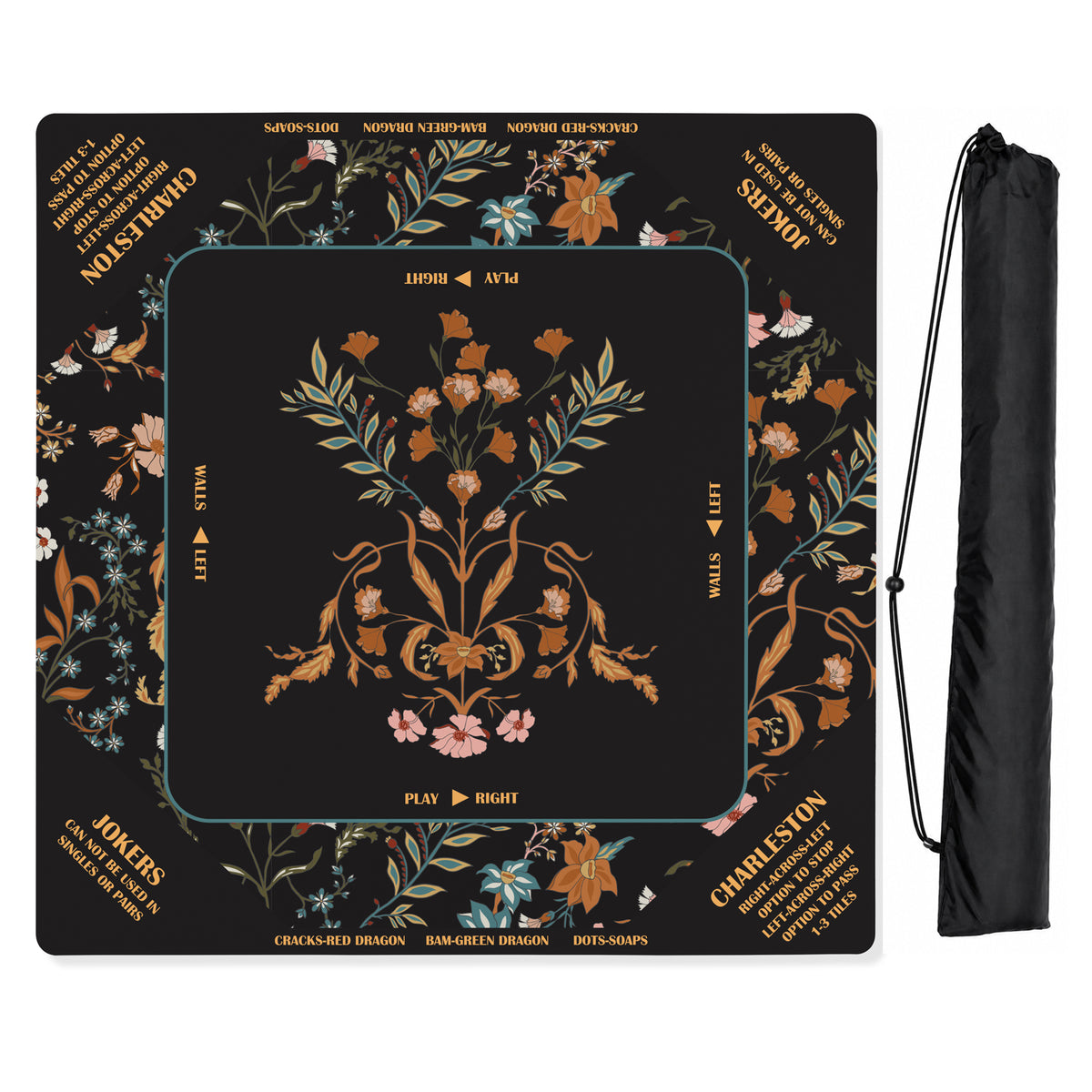 Boho Floral Wildflower Black and Orange Collection Mahjong Mat for Table with Rules - Shipped Rolled